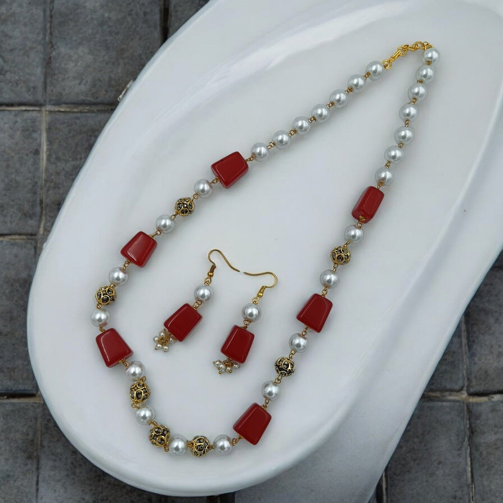 Elegant Girija Red And White Pearl Mala - TelaNaari