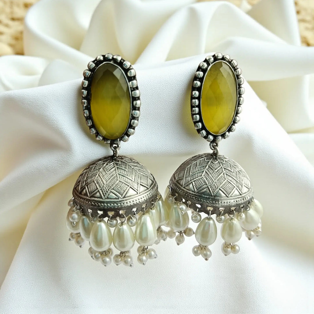 Elegant Vintage Pranvi Silver Oxidised Pearl Earrings With Big Jhumki