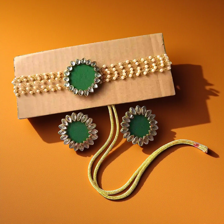 HANDMADE FABRIC CHOKER NECKLACE WITH EARRINGS NAVYA GREEN