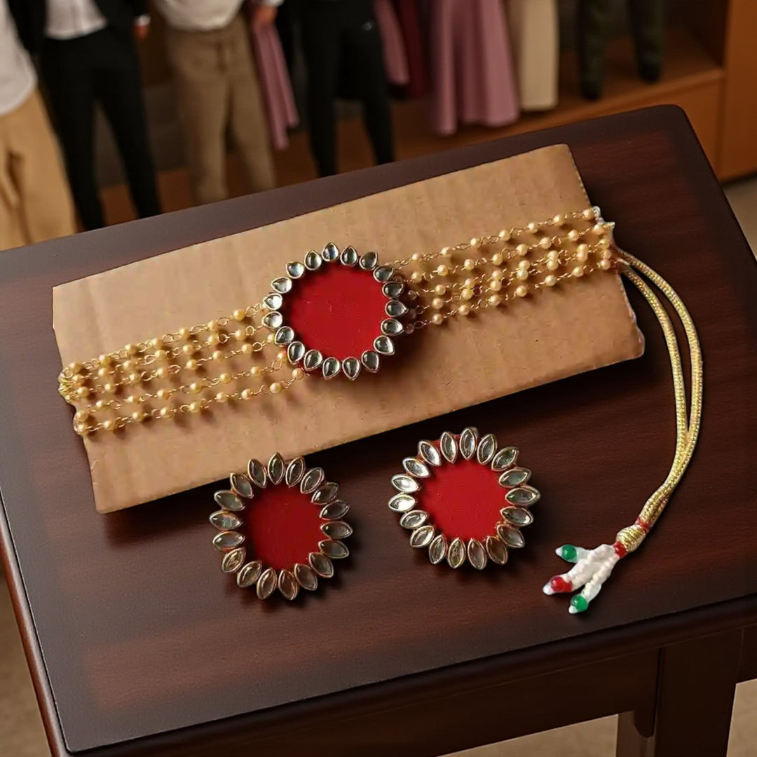 HANDMADE FABRIC CHOKER NECKLACE WITH EARRINGS NAVYA MAROON