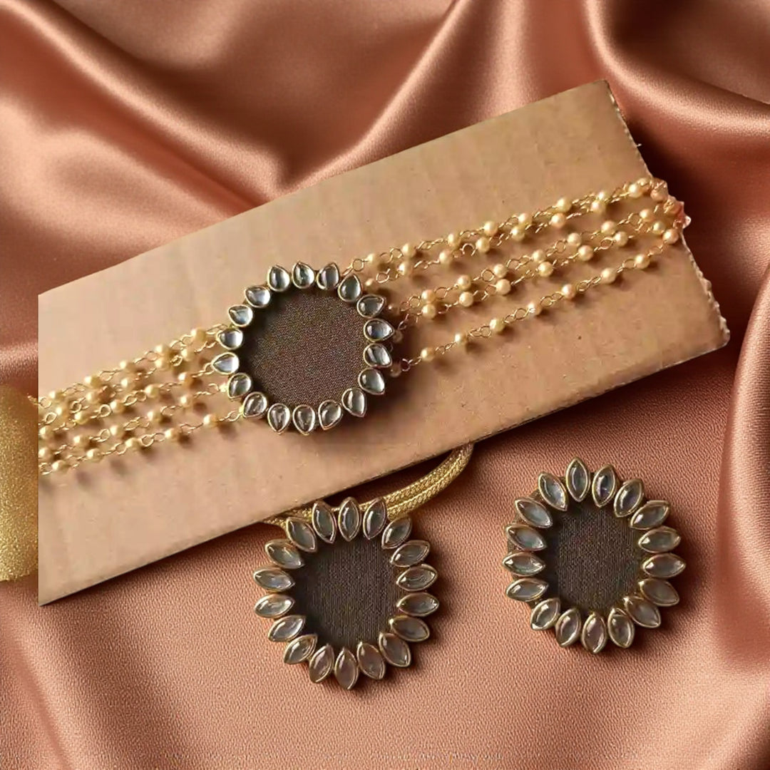 HANDMADE FABRIC CHOKER NECKLACE WITH EARRINGS NAVYA OLIVE GREEN