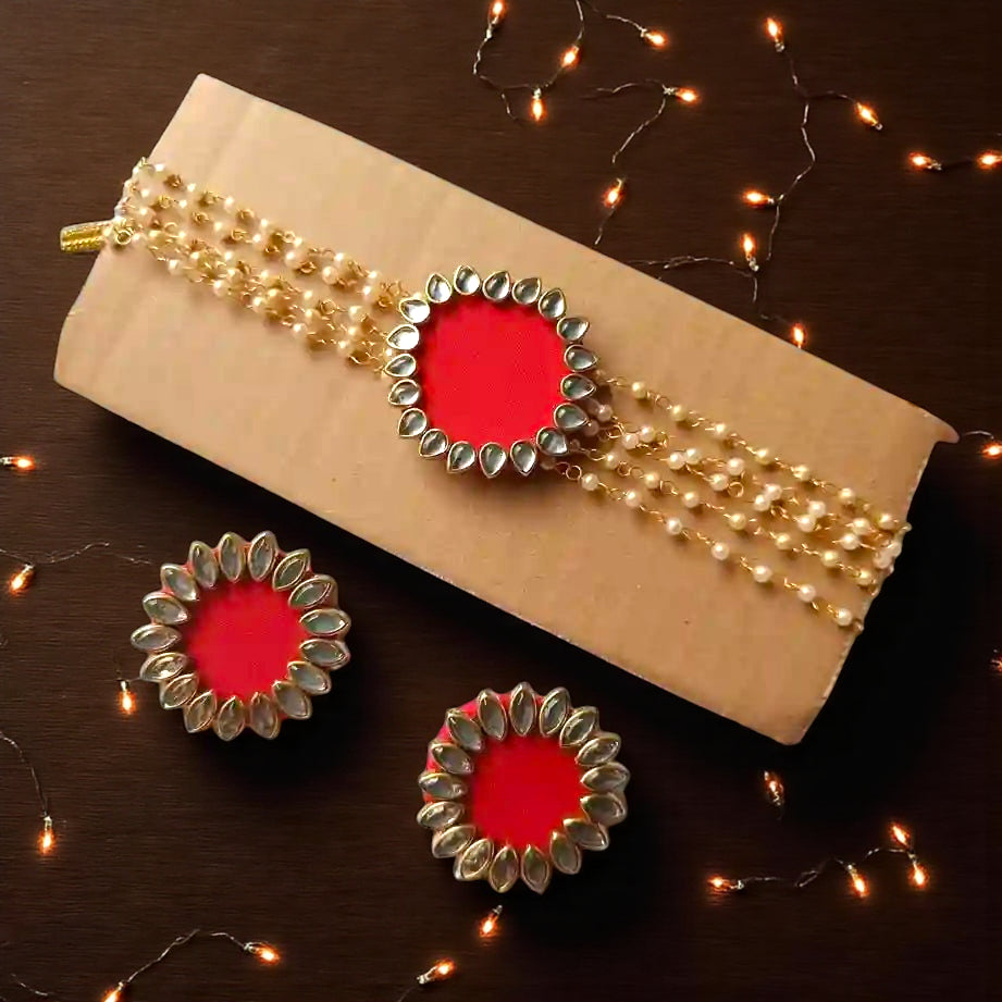 HANDMADE FABRIC CHOKER NECKLACE WITH EARRINGS NAVYA RED