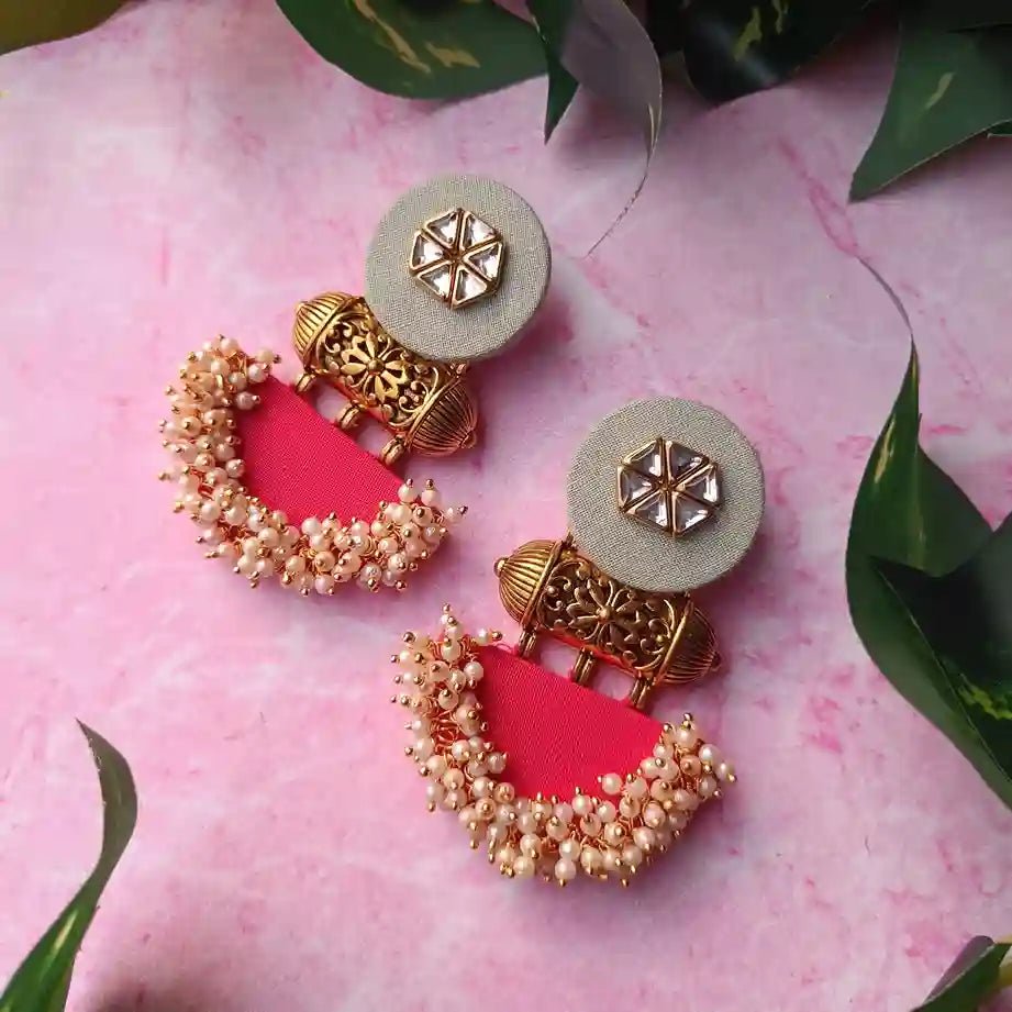 HANDMADE FABRIC EARRINGS JULIAN GREY GREEN AND RED - TelaNaari