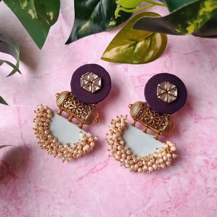 HANDMADE FABRIC EARRINGS JULIAN PURPLE AND GREY GREEN - TelaNaari