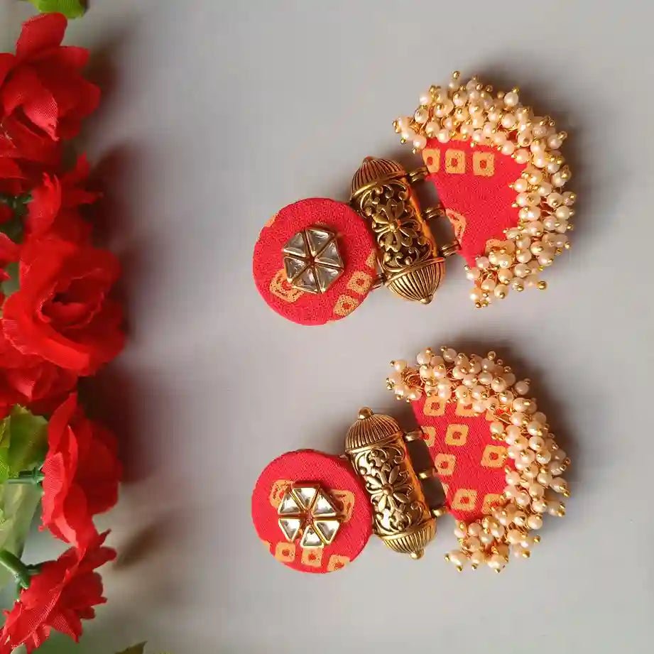 HANDMADE FABRIC EARRINGS JULIAN RED YELLOW BANDHANI - TelaNaari