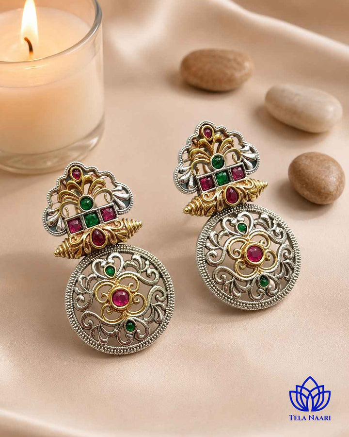 Multicolour stone accents recall traditional temple jewellery craftsmanship.