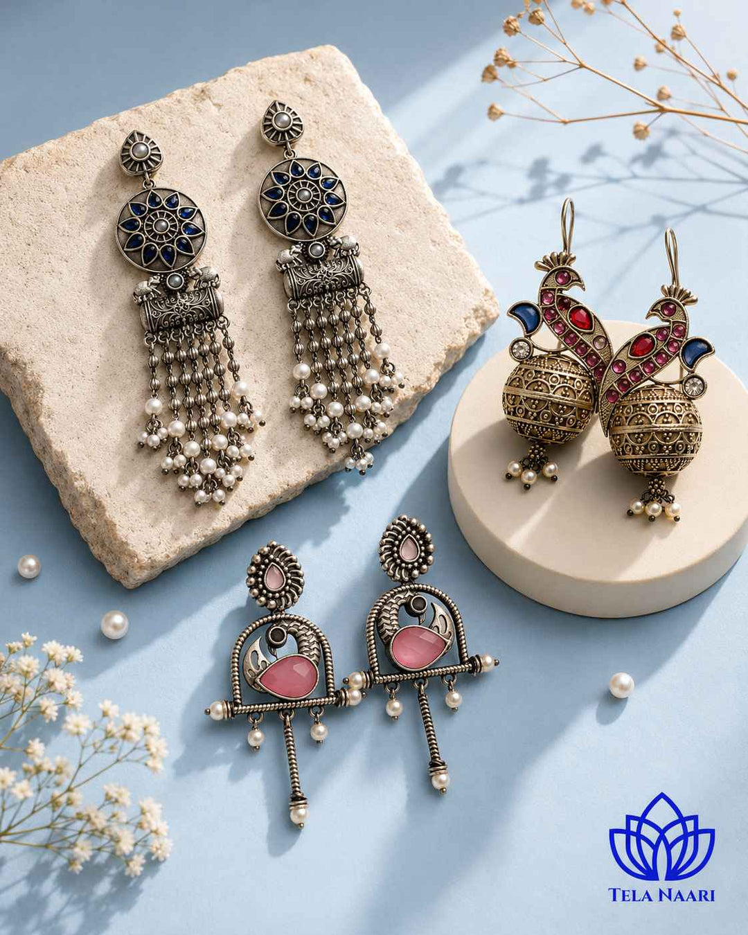 Traditional motifs on the Freya Hamper's earrings, a gift for girlfriend