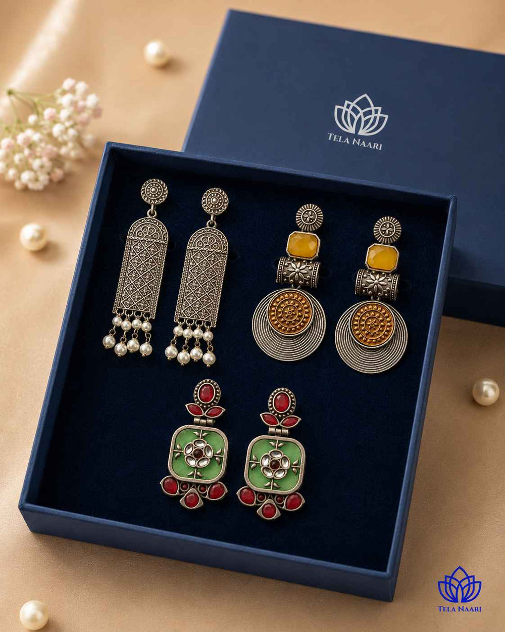 Traditional motifs on the Luna Hamper's earrings, a gift for girlfriend