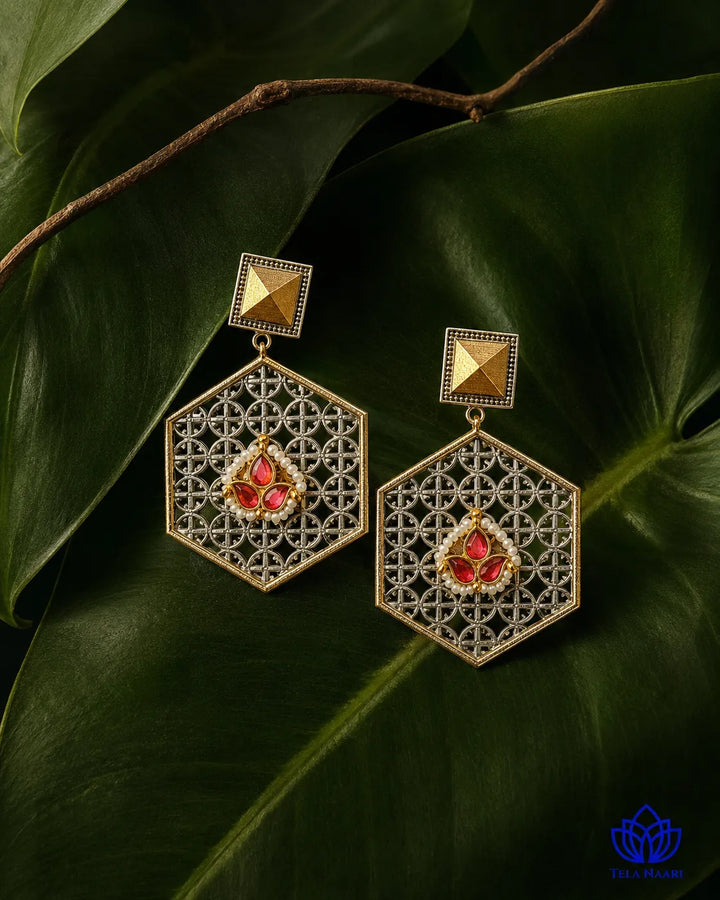 Anti-tarnish finish keeps this hexagon earring&