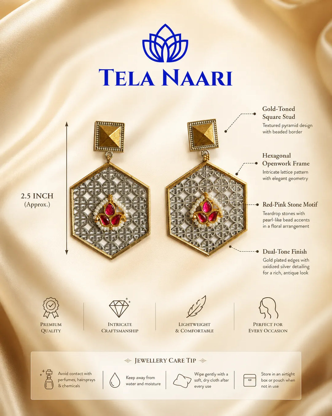 Ruby-red stones sit at the centre of this hexagon earring.
