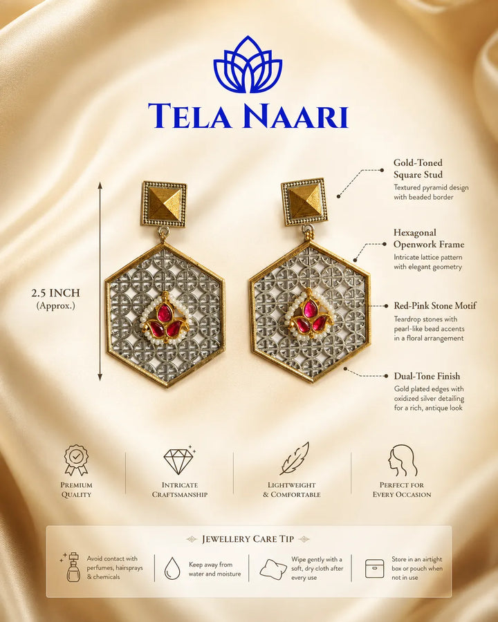 Ruby-red stones sit at the centre of this hexagon earring.