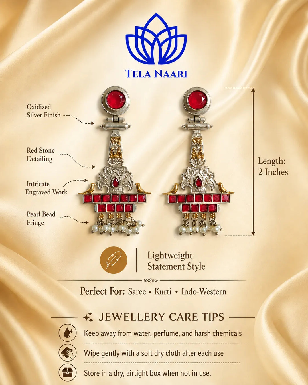 Silver-plated finish covers the surface of this temple earring.