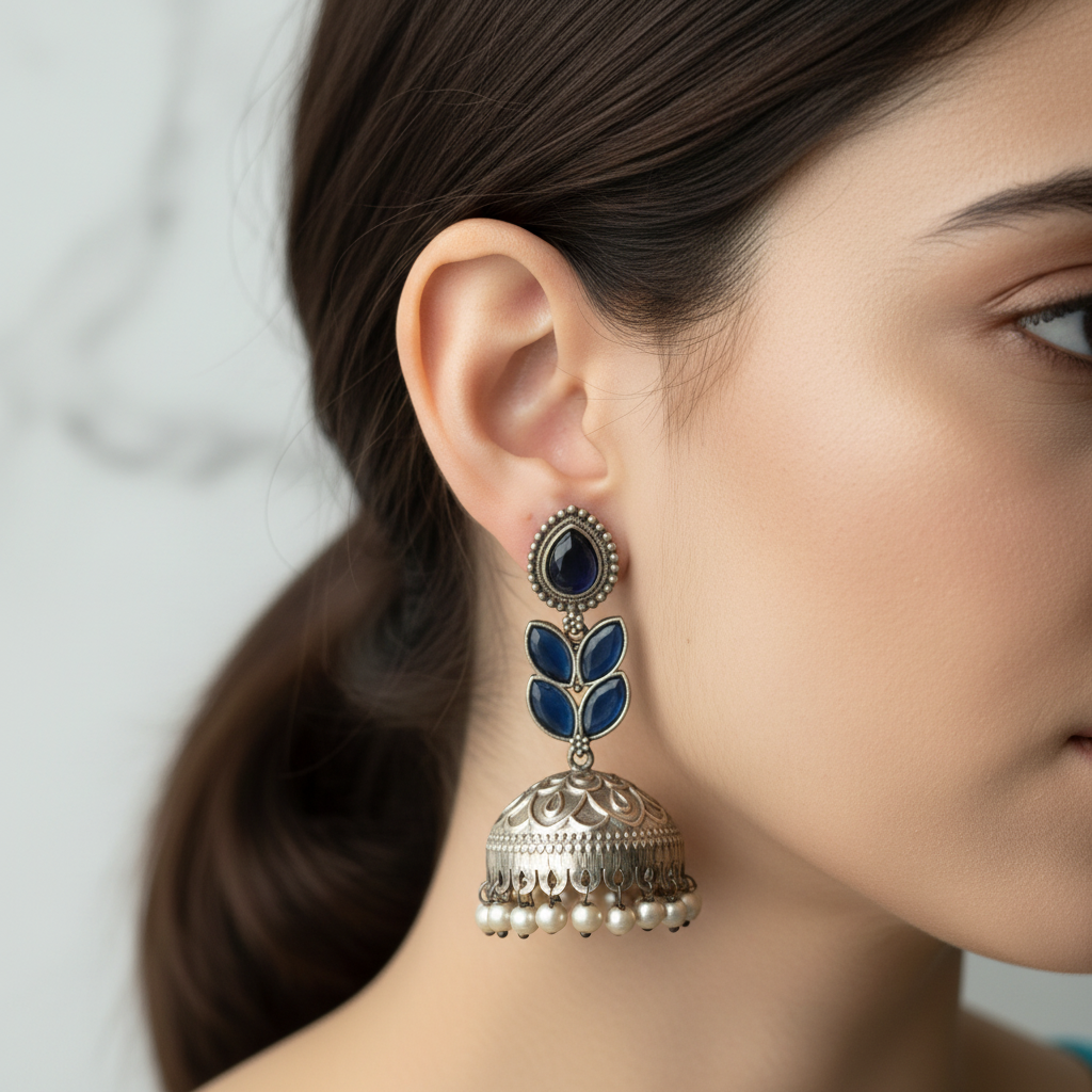 Vikita Silver-Plated Jhumki Earrings on Kashmiri model