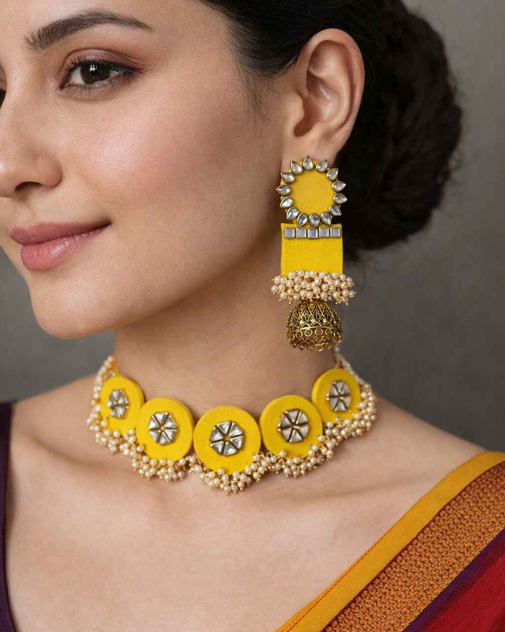 Yellow fabric shapes this handmade choker necklace and earring set.