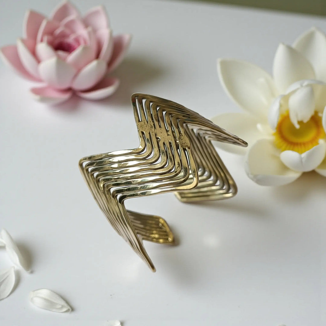 Bold zigzag anti-tarnish hand bracelet for women with modern sculptural detailing and polished brass texture
