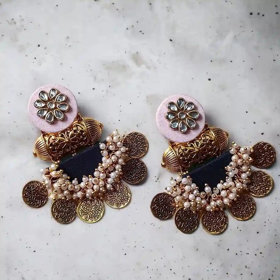 handmade baby pink dark blue fabric earrings eva
